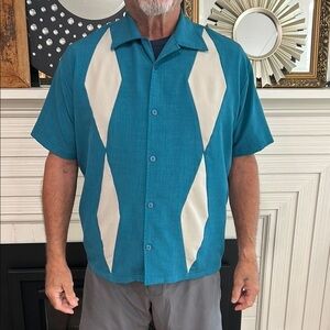 Vintage Inspired Steady Men's Teal and Cream Casual Button Down Bowling Shirt